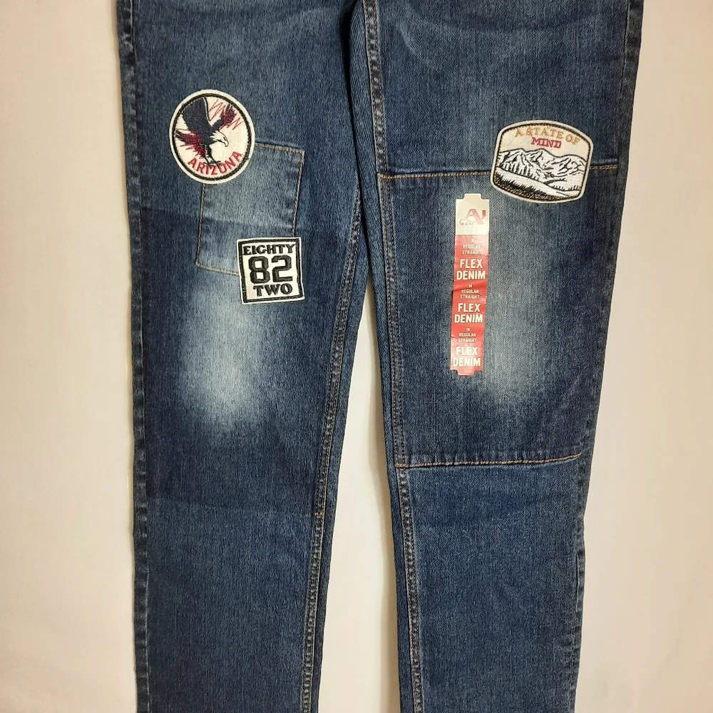 Arizona Jean Co Boys Patchy Jeans Size 16 Regular Straight Flex Denim Dark Wash